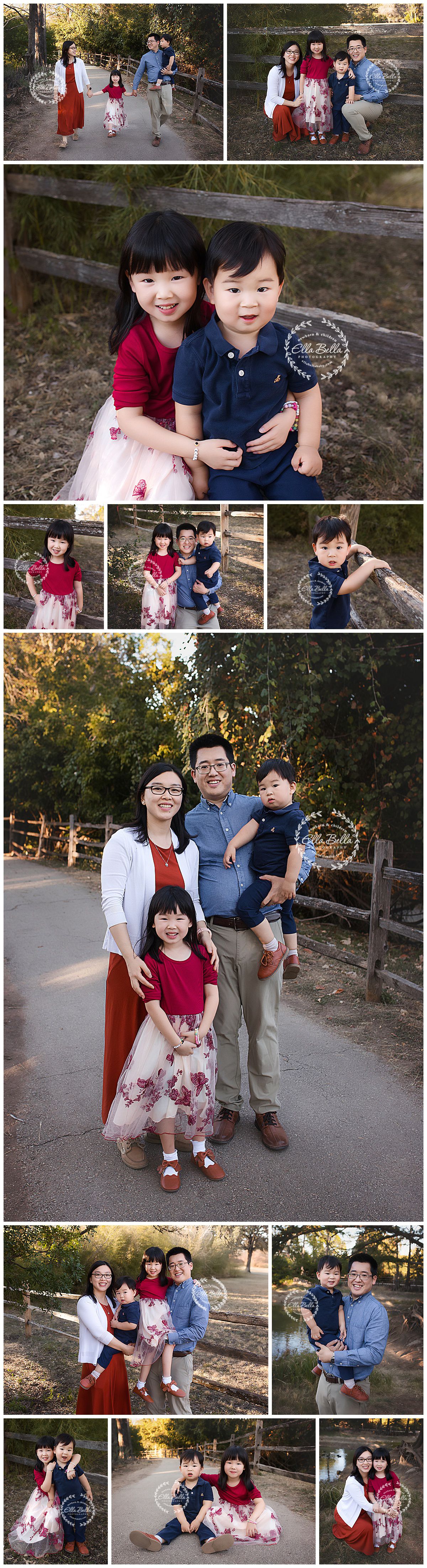 A family poses together outdoors on a paved path during golden hour with trees in the background.