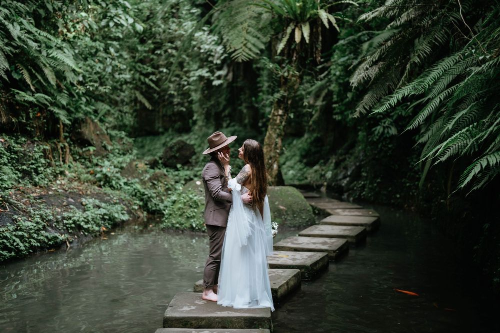 Natural light prewedding photography session at Ulu Petanu Waterfall Bali.