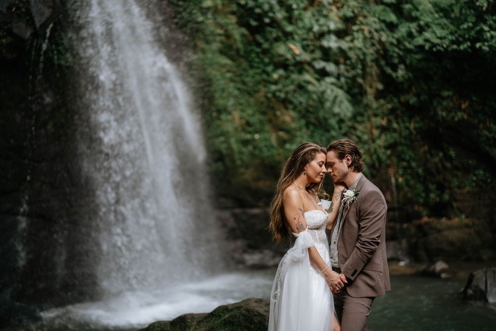 Natural light prewedding photography session at Ulu Petanu Waterfall Bali.
