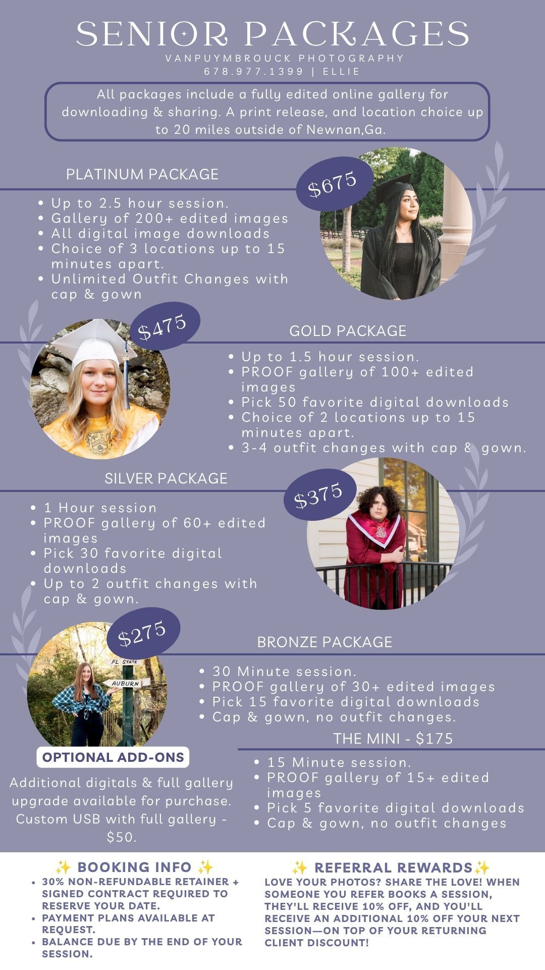 Senior portrait photography pricing guide.