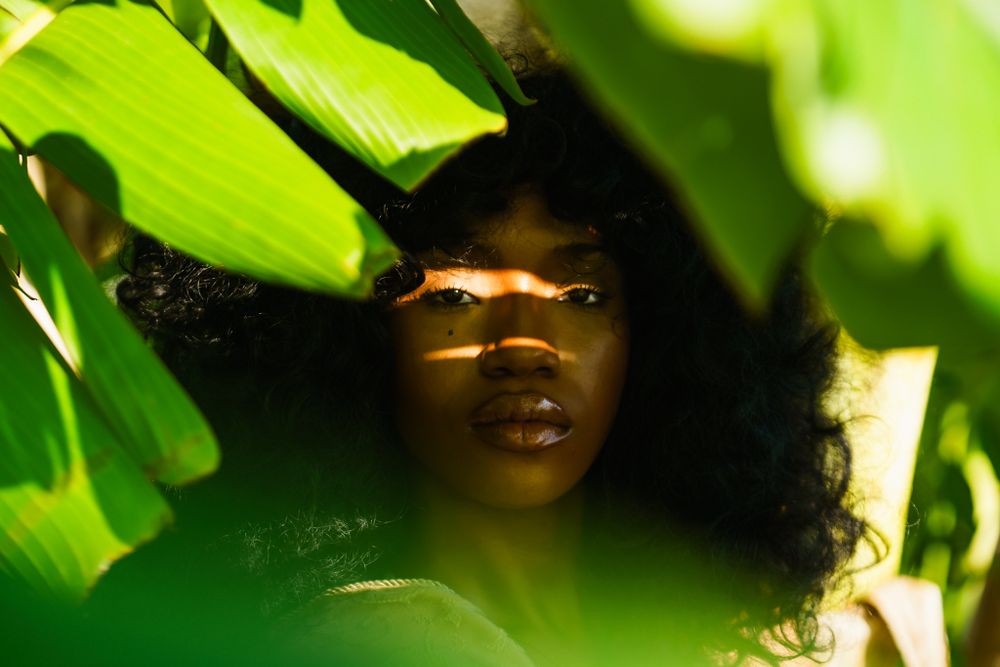 Creative portrait through green leaves with natural sunlight creating dramatic shadows and highlights.