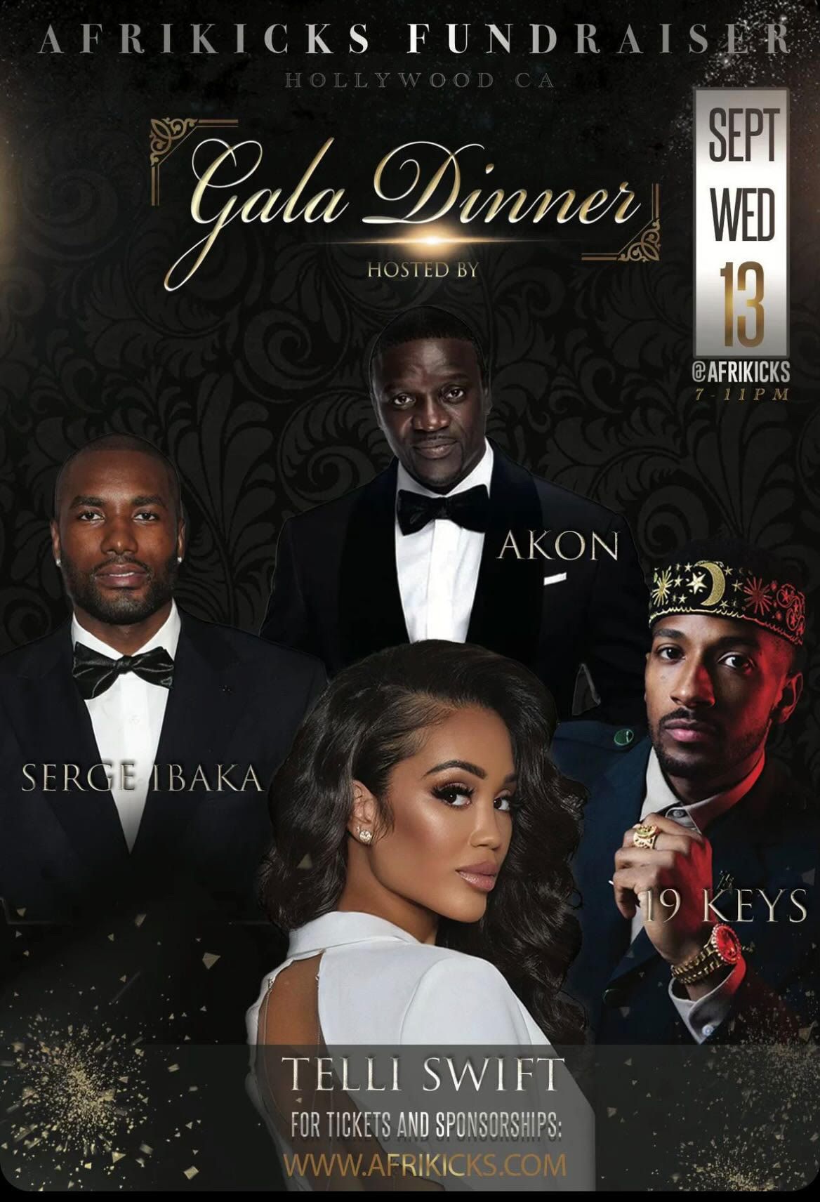 A promotional poster for an Afrikicks Fundraiser Gala Dinner event featuring elegant black and gold design elements.