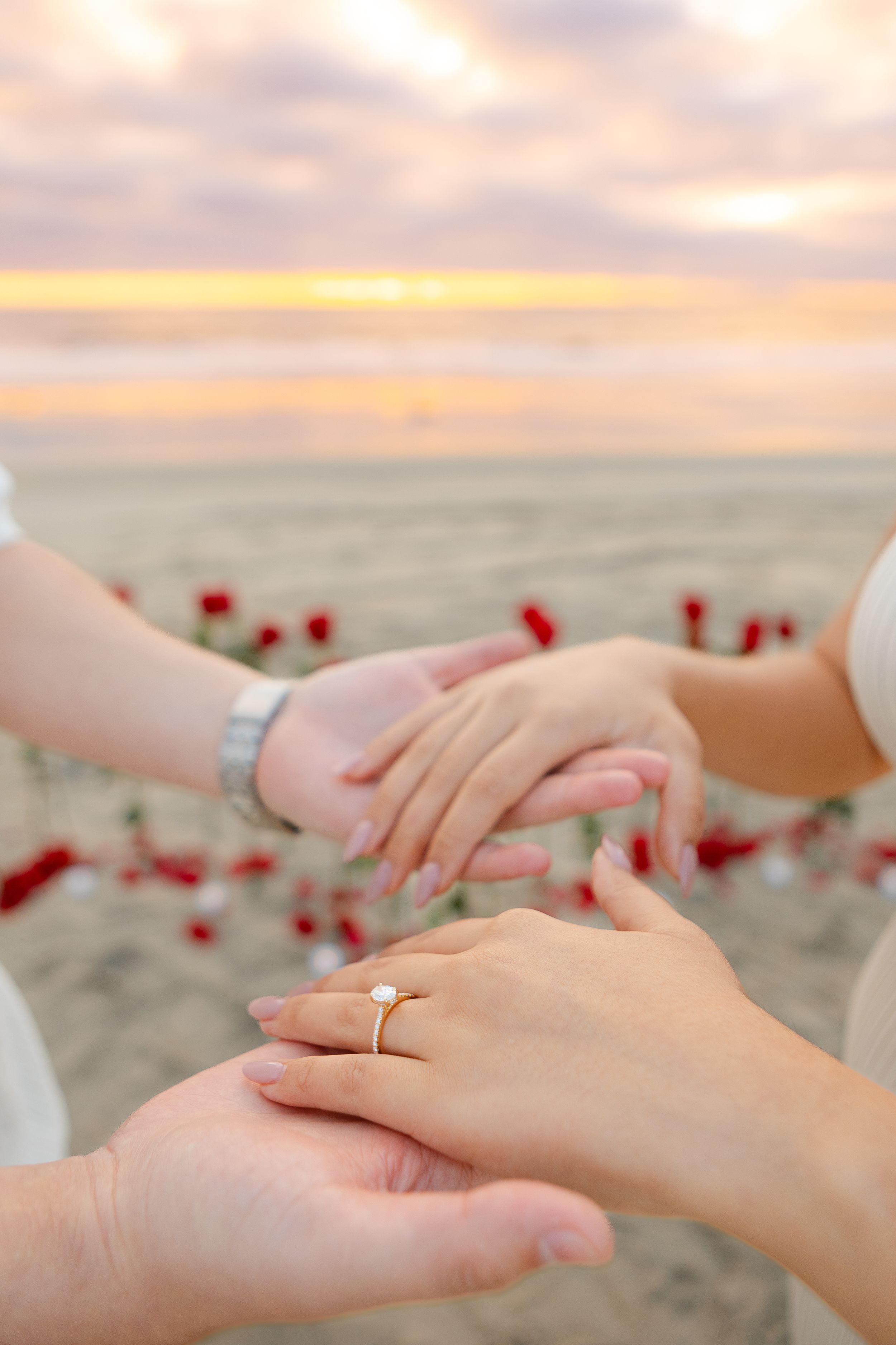 Close-up of hands showing engagement rings with red rose petals scattered on beach sand.
