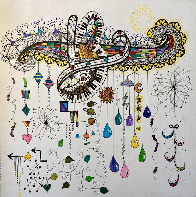 Whimsical illustration of piano keys with colorful musical notes and hanging ornaments in a decorative swirl pattern.