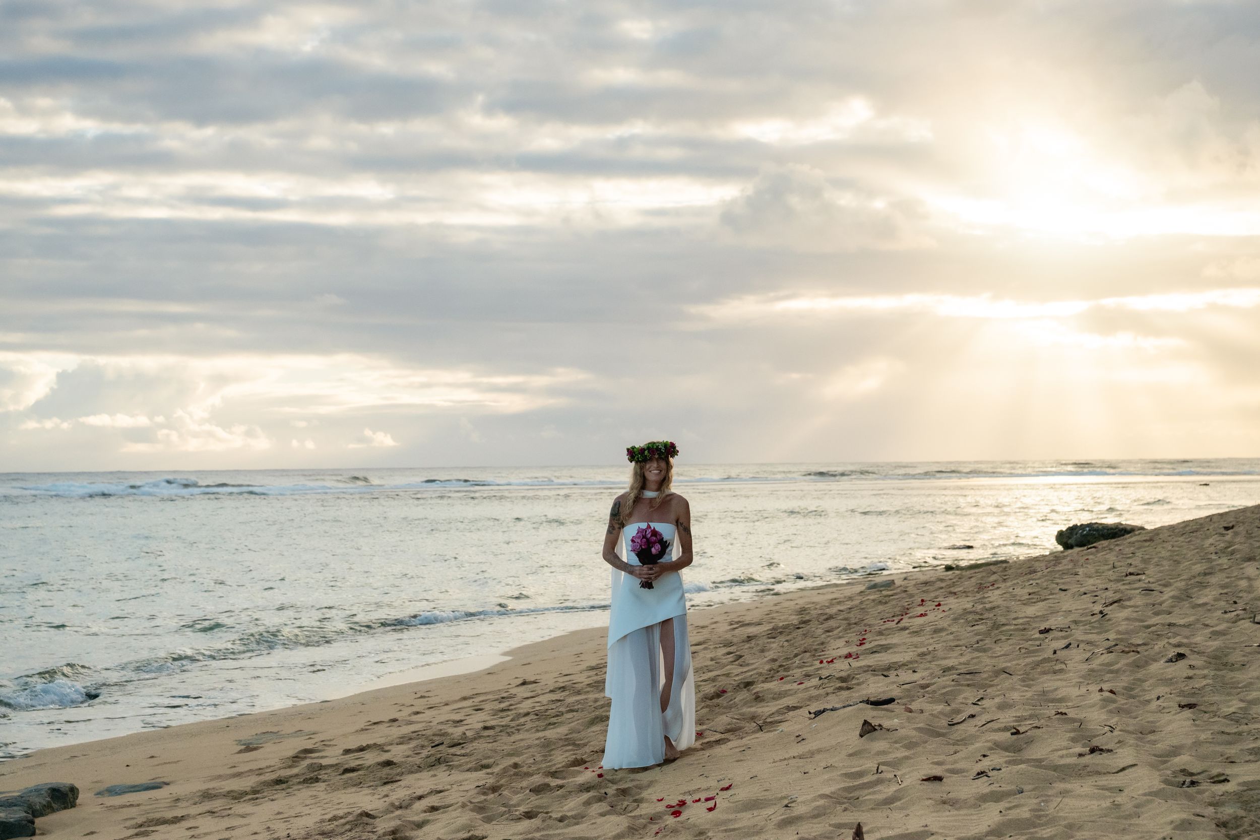 Kauai bride walking on beach at sunrise. wedding art photography by studio 3511 photography