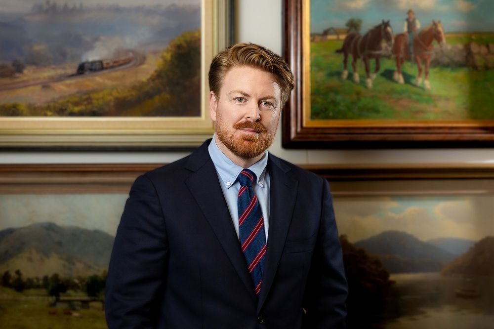 Professional man in navy suit and striped tie poses before classic oil paintings in a formal setting.