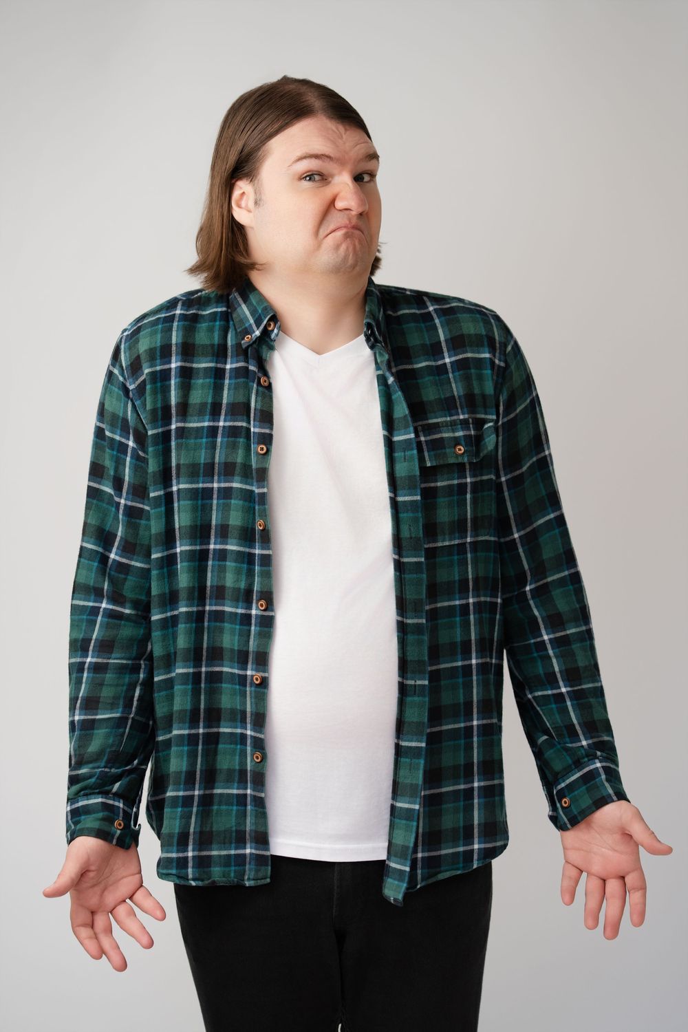 Person in green plaid flannel and white shirt showing shrugging gestures against white background in photo series.