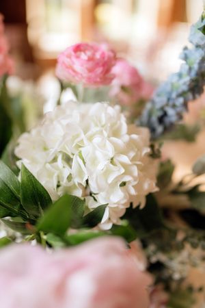 Close-up of a white hydrangea bouquet with pink ranunculus and blue delphinium flowers in soft focus background.