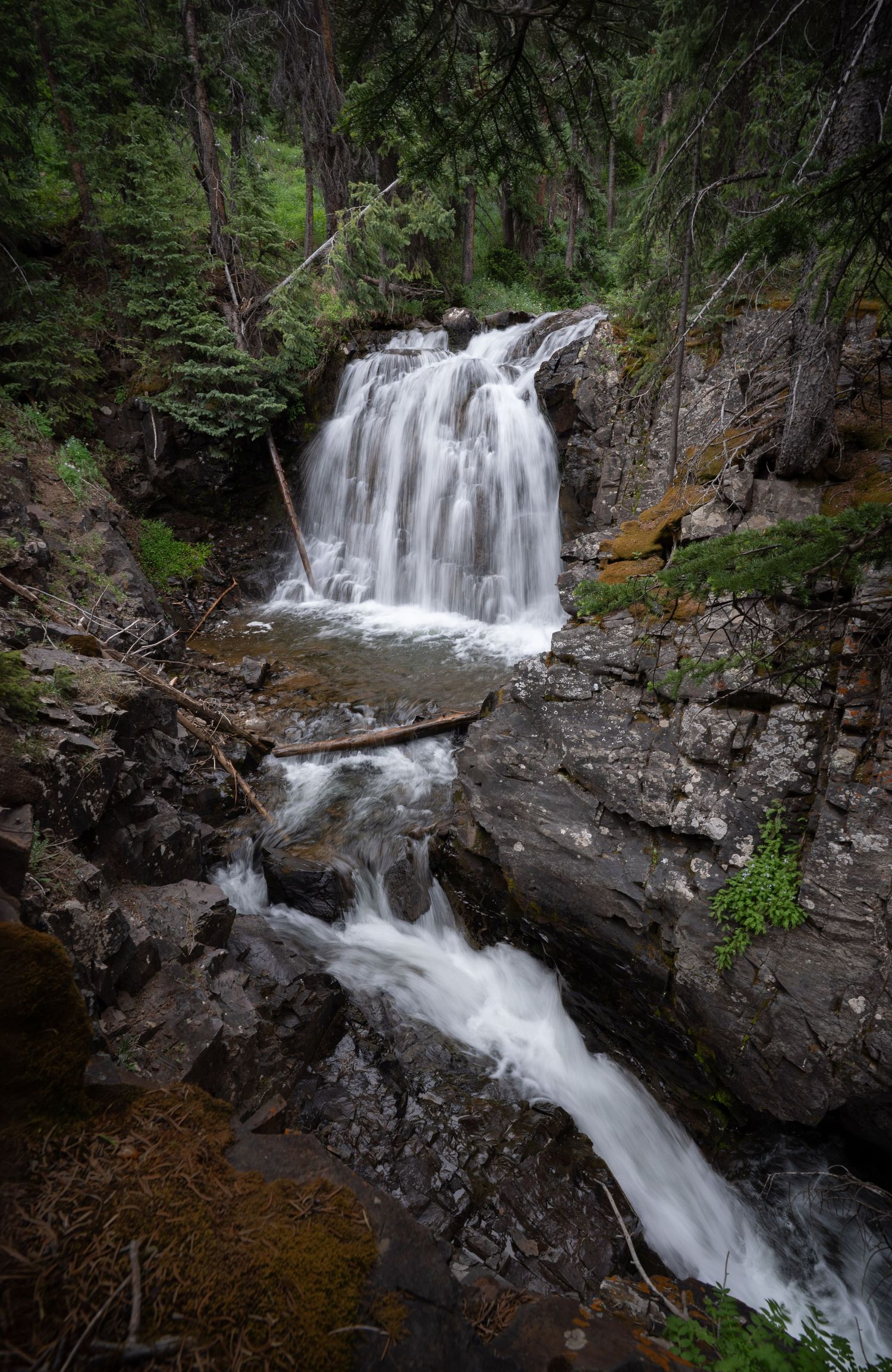 A beautiful flowing waterfall on the Highland Mary hike in the San Juan Mountains near Silverton, Colorado.