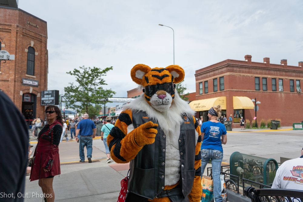 Person in a tiger fursuit costume wearing a leather jacket poses on a busy street at an outdoor event.
