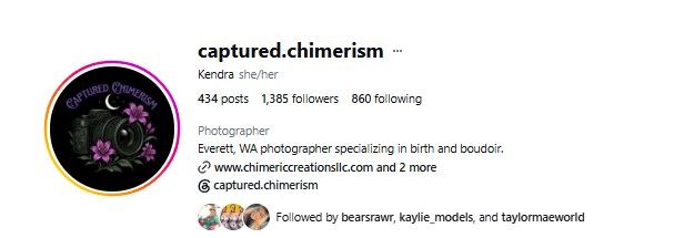 Instagram profile page for Captured Chimerism, a wedding and boudoir photographer based in Everett, WA.