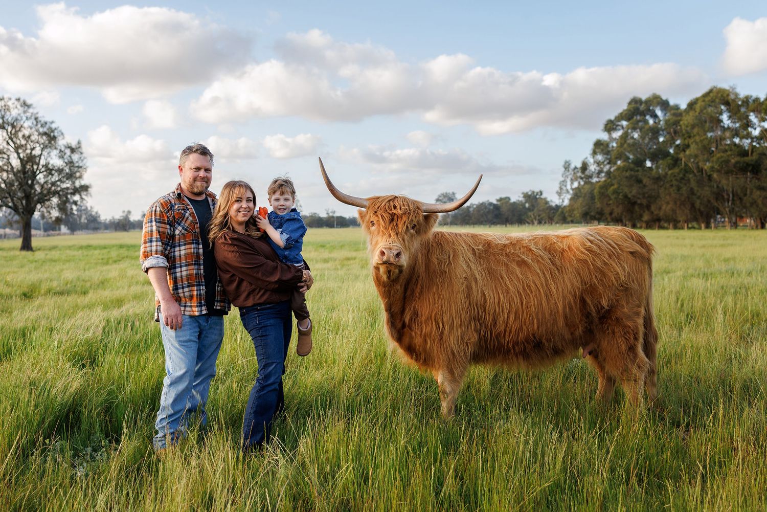 Family standing in a paddock with a highland cow