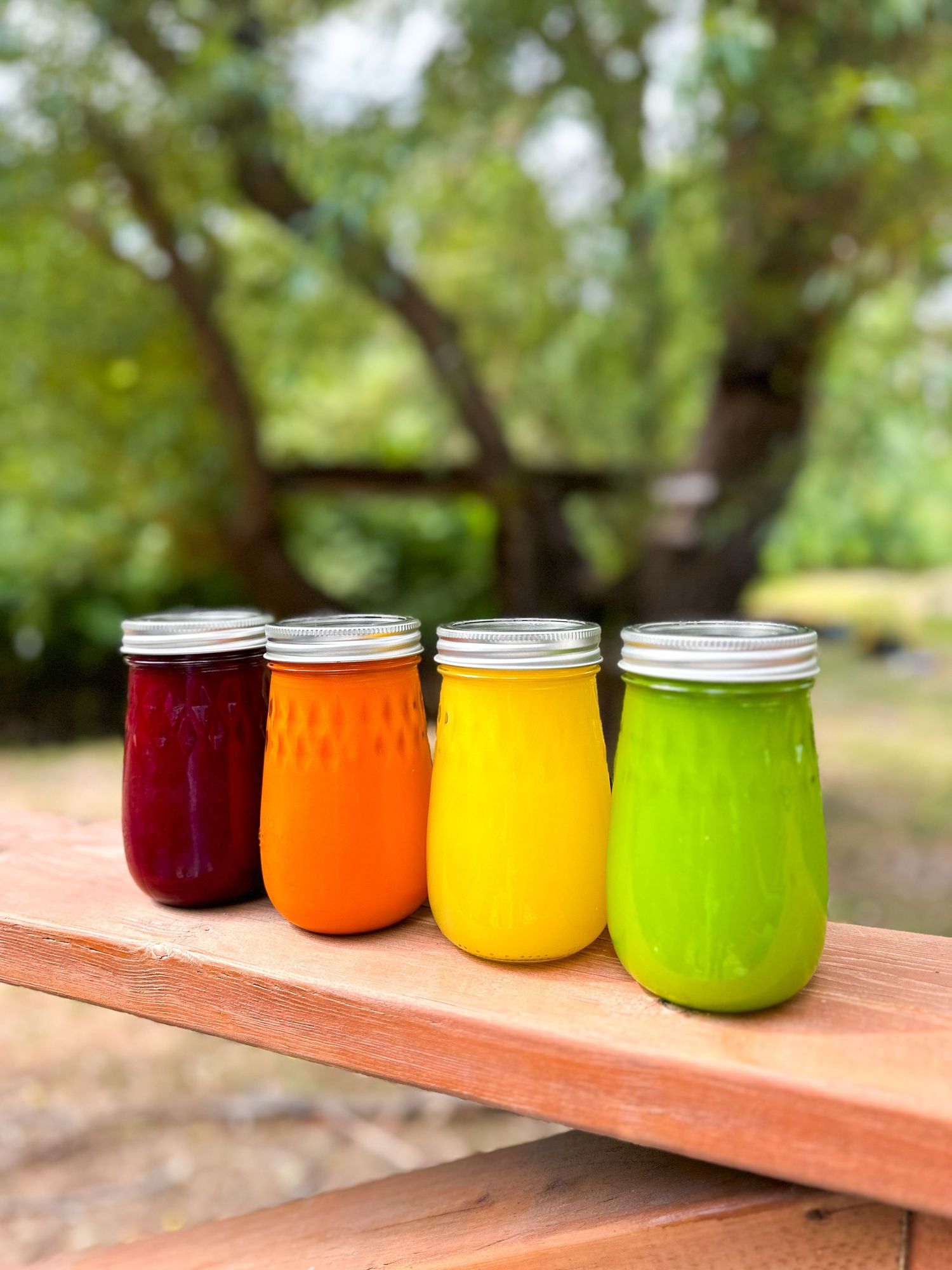 Four mason jars filled with colorful fresh juices in red, orange, yellow, and green.