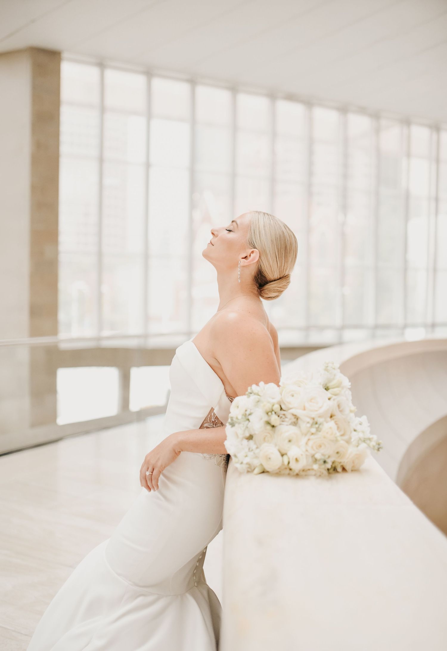 Timeless bridal portrait on the curved staircase inside the Meyerson Symphony Center