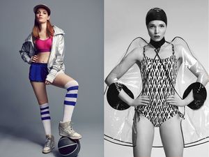 Model in two sporty editorial looks: athletic wear with knee socks and patterned swimsuit with gloves.