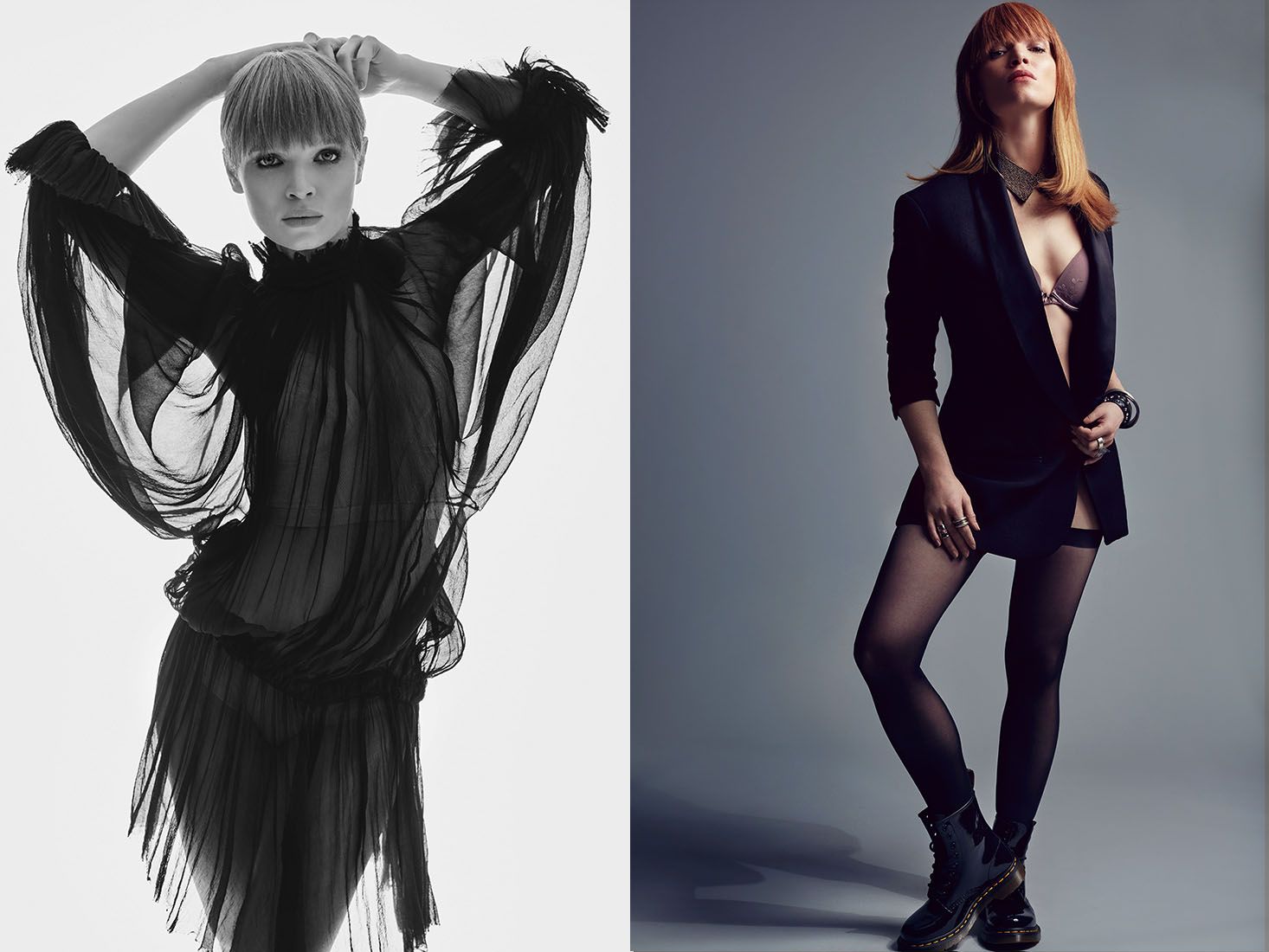 Female model in two editorial looks: sheer black fringe dress and tailored black blazer with tights.