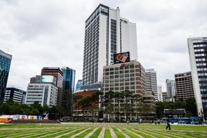 Modern city skyline with skyscrapers overlooking a green striped plaza under cloudy skies.