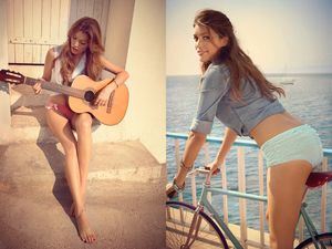 Collage of woman playing acoustic guitar and riding a bicycle by the ocean in casual summer wear.