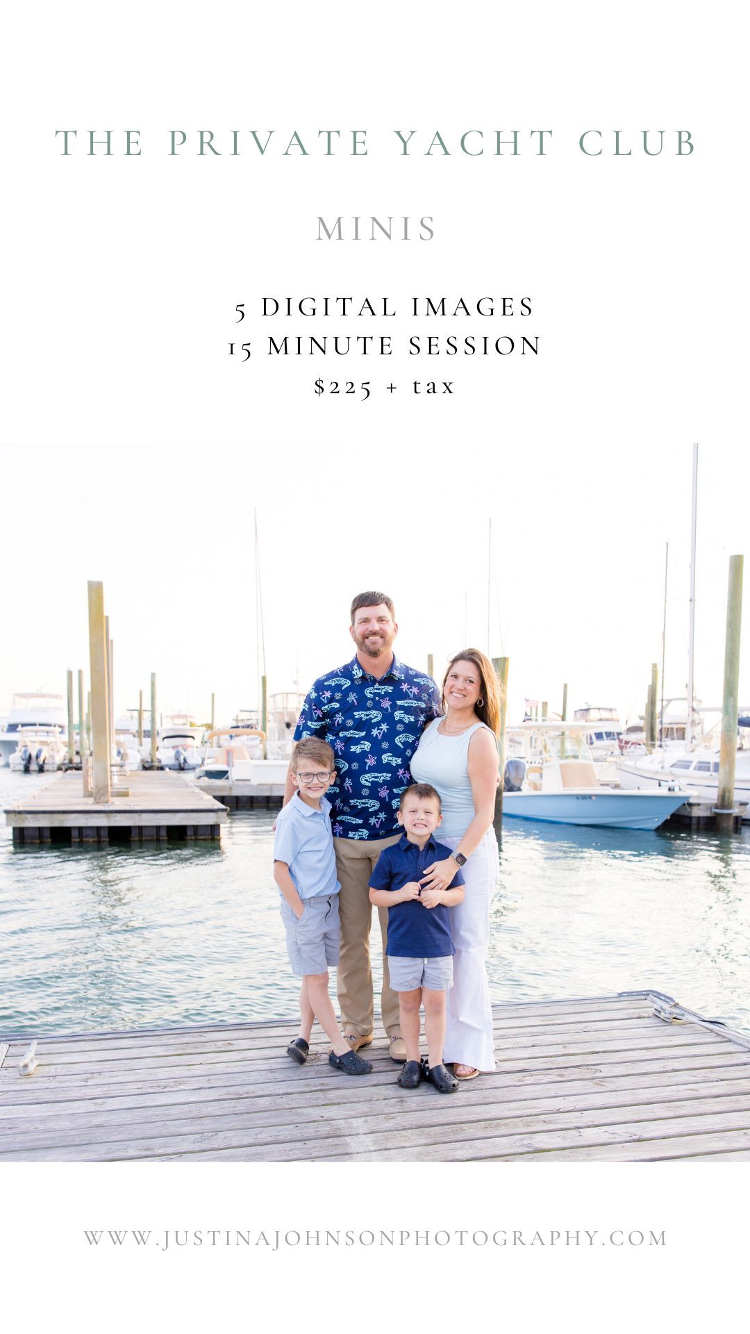 Family of four poses at a marina for The Private Yacht Club Minis photo session by Justina Johnson Photography.