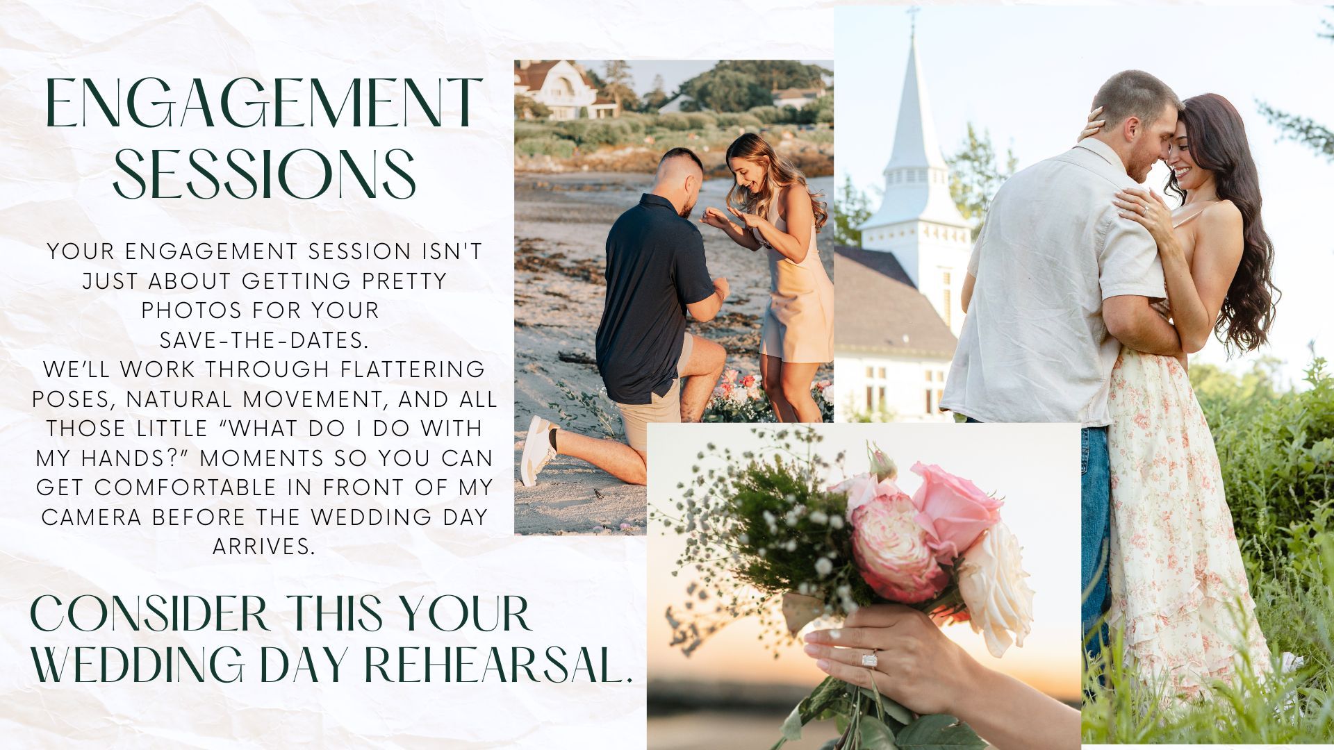 Romantic engagement session photos showing couples in natural outdoor settings with soft lighting and candid poses.