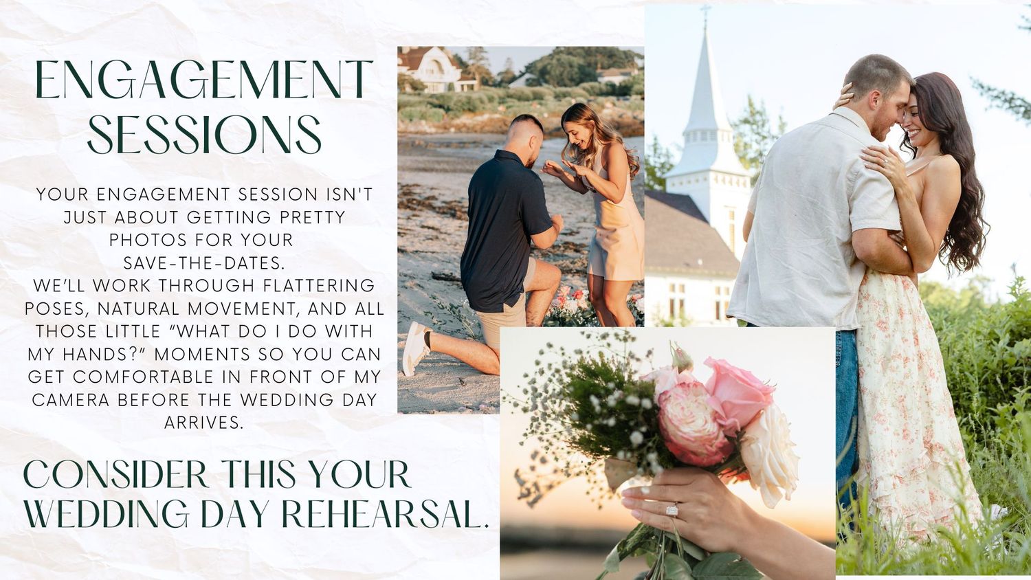 Romantic engagement session photos showing couples in natural outdoor settings with soft lighting and candid poses.