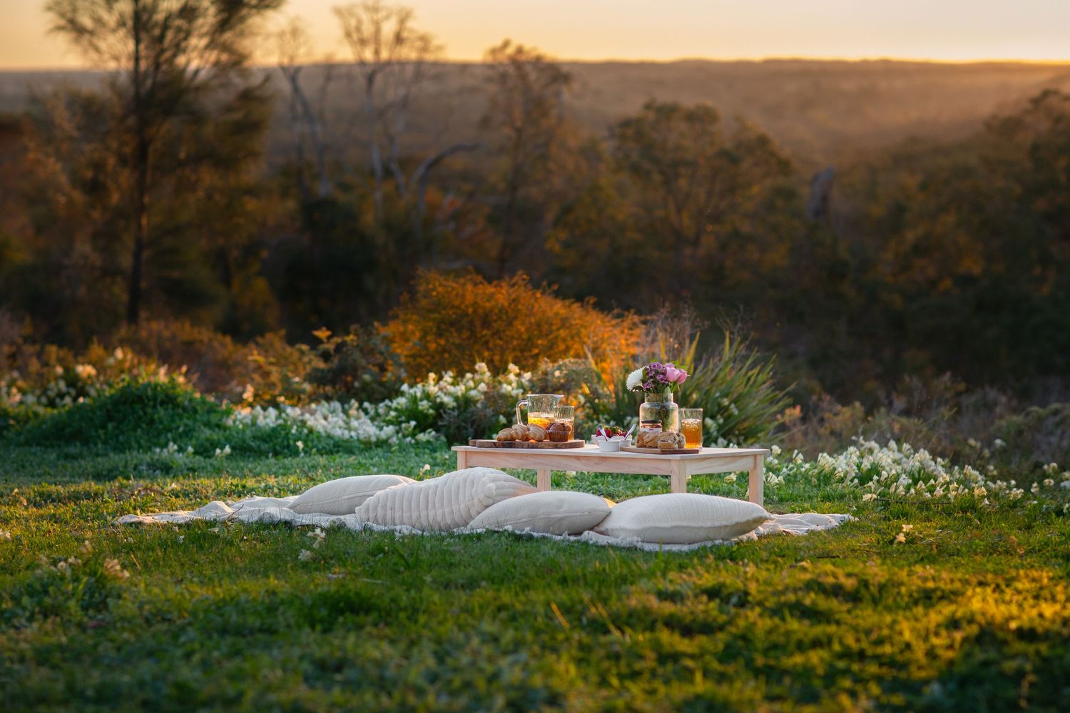 Luxury couples picnic at sunset with a beautiful view in perth