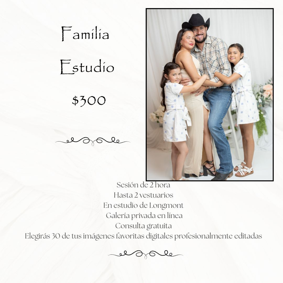 Family studio photography session promotional flyer showing a happy family of four posing together, priced at $300.