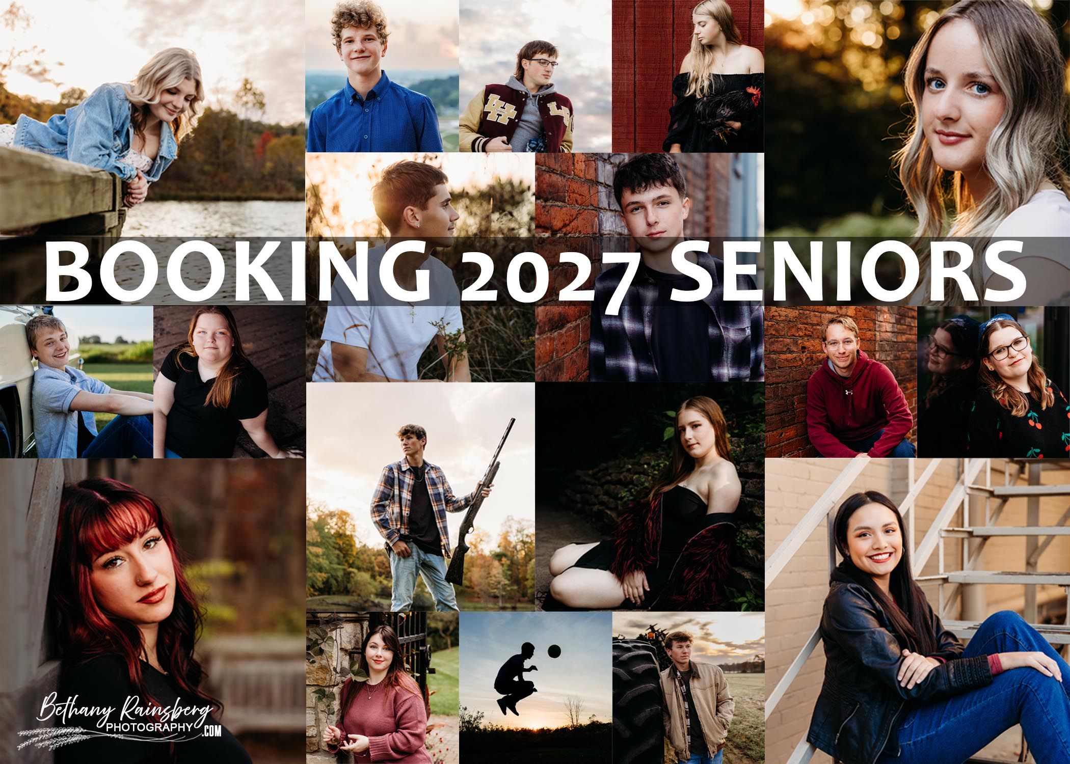 Collage of senior portrait photos with text Booking 2027 Seniors by Bethany Ruitenberg Photography.