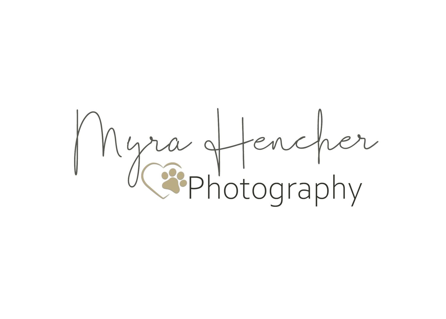 Logo for Myra Hencher Photography featuring elegant script text and a heart with a paw print icon in gold tones.