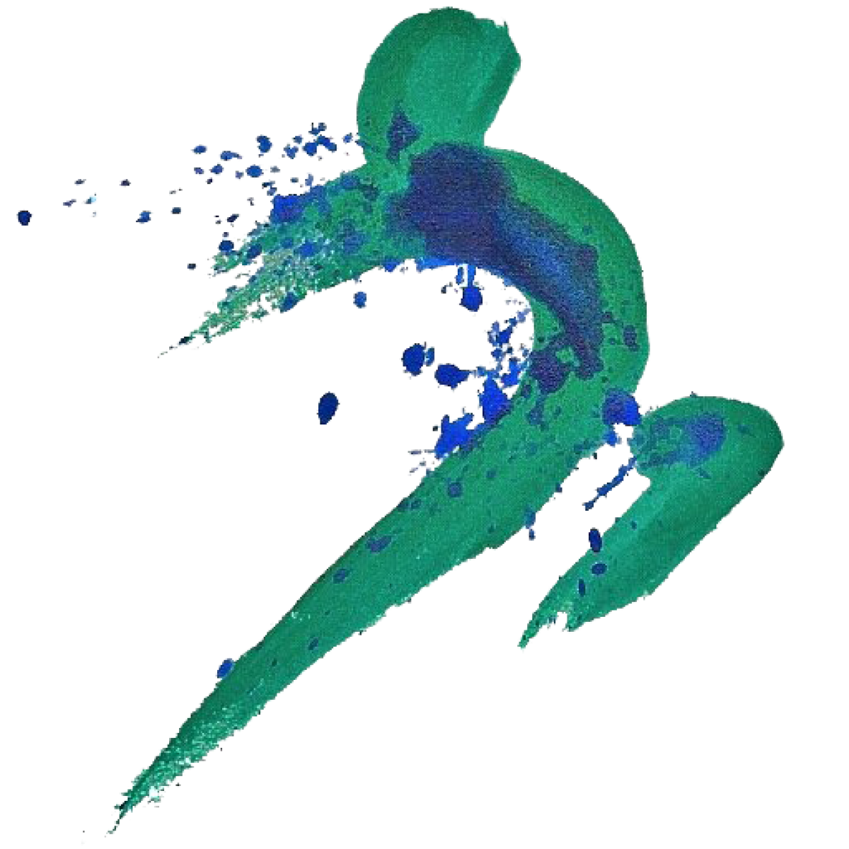 Abstract green and blue paint splash art forming a dynamic human figure in motion on white background.