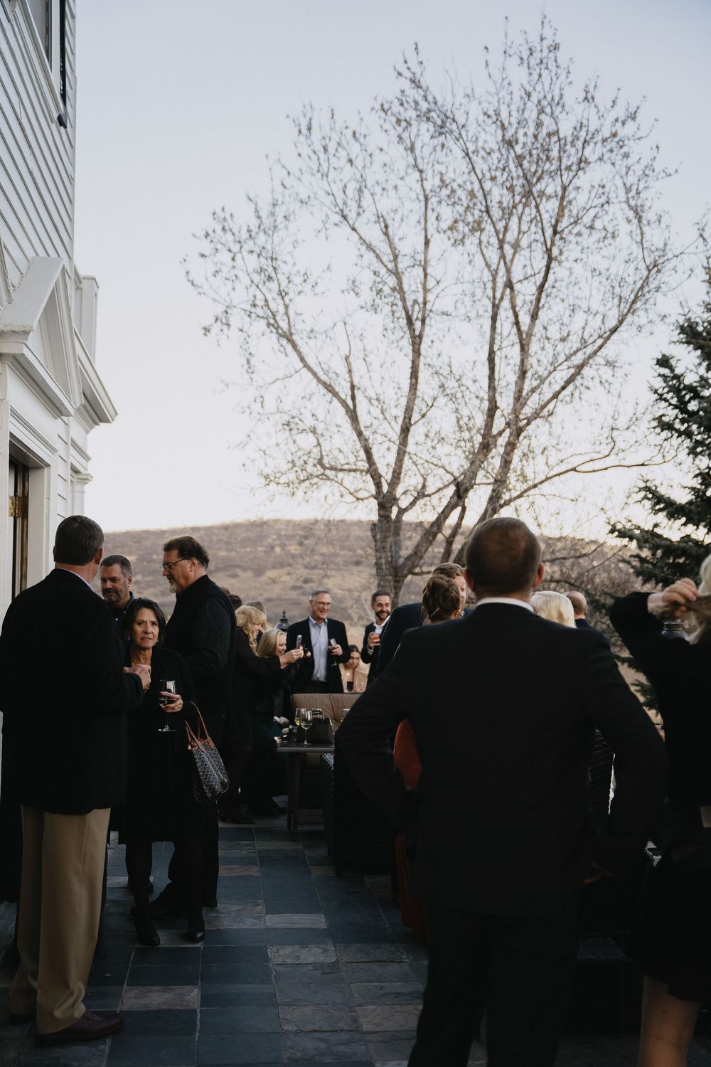 Elegant outdoor cocktail hour with guests in formal attire on a stone patio, bare trees and rolling hills in background.