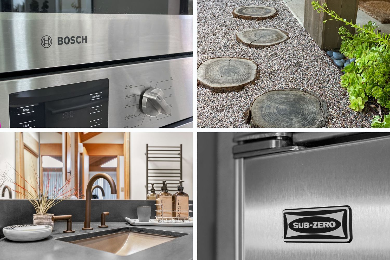 Collection of home appliance and kitchen detail shots featuring Bosch products and modern fixtures.