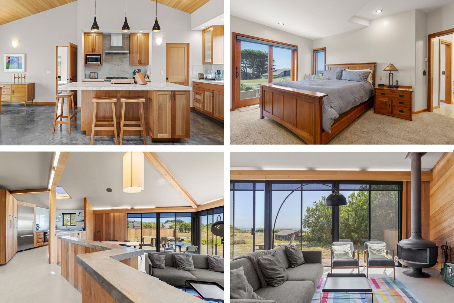 Modern kitchen, bedroom, living room, and sunroom with large windows, wood accents, and contemporary furnishings in a stylish home.