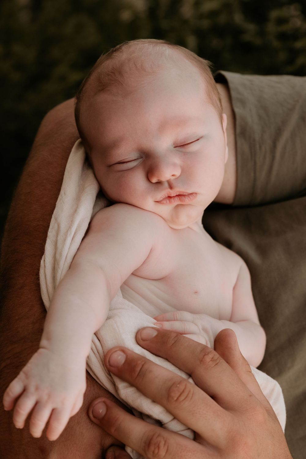 Sleeping newborn baby cradled gently in parents arms wrapped in a soft white cloth.