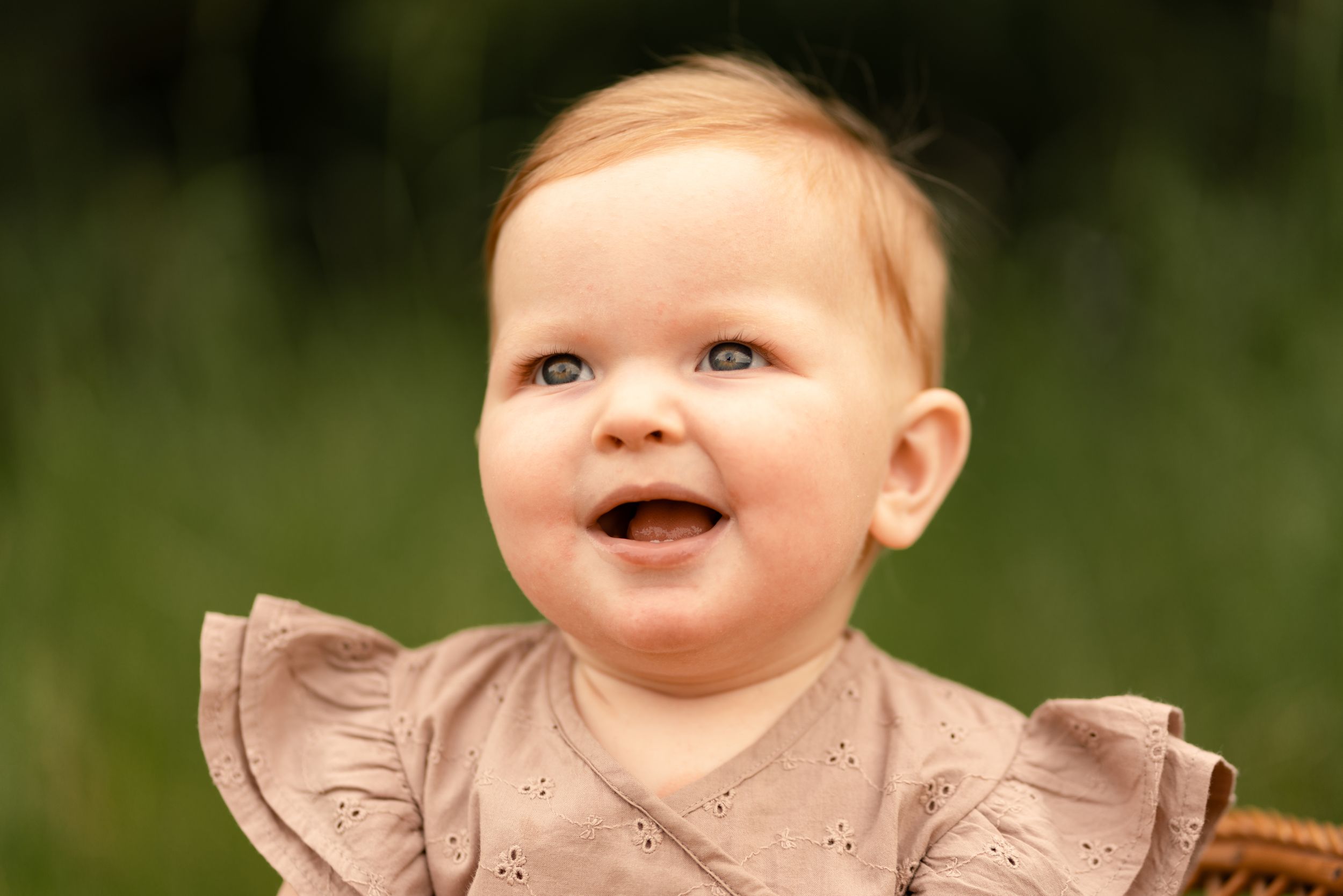 Smiling baby girl with blue eyes wearing a pink ruffle dress, sitting outdoors with a green background.