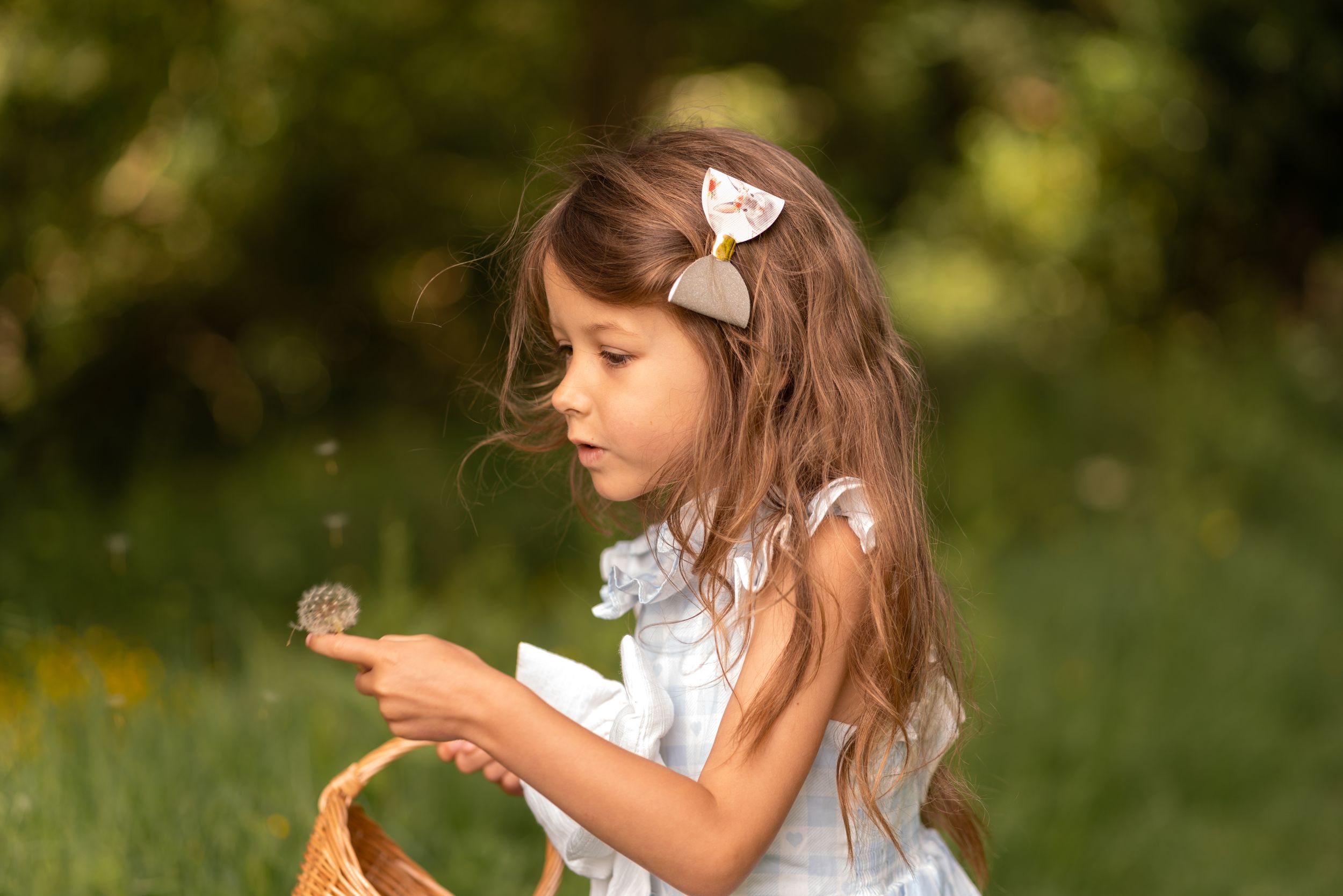 Young girl in white dress holding a dandelion with a wicker basket outdoors in green garden.