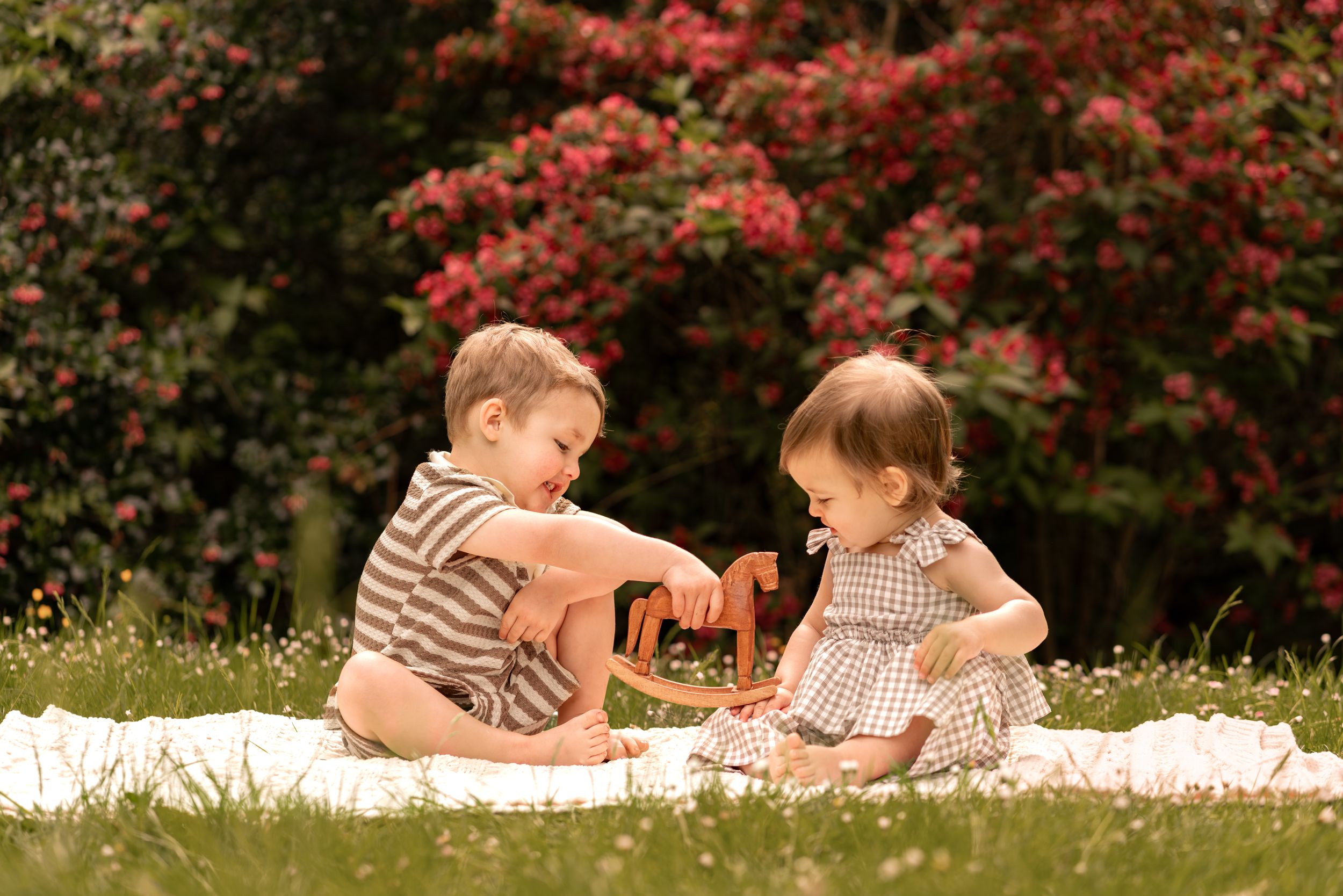 Two toddlers sitting on a white blanket in a garden, playing together with toys near blooming red flowers.