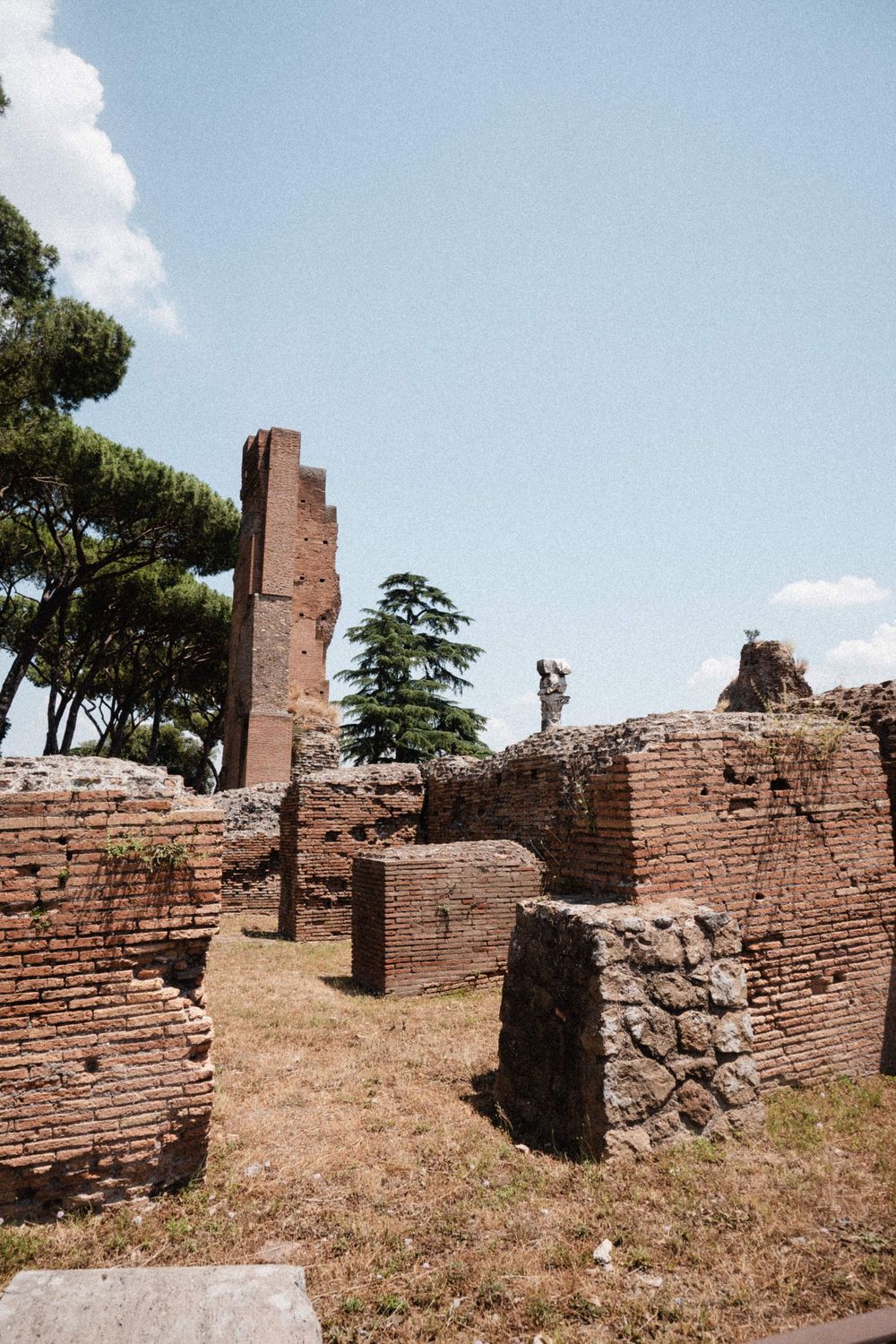 Ancient Roman ruins with brick walls and columns under a clear blue sky, surrounded by green trees.