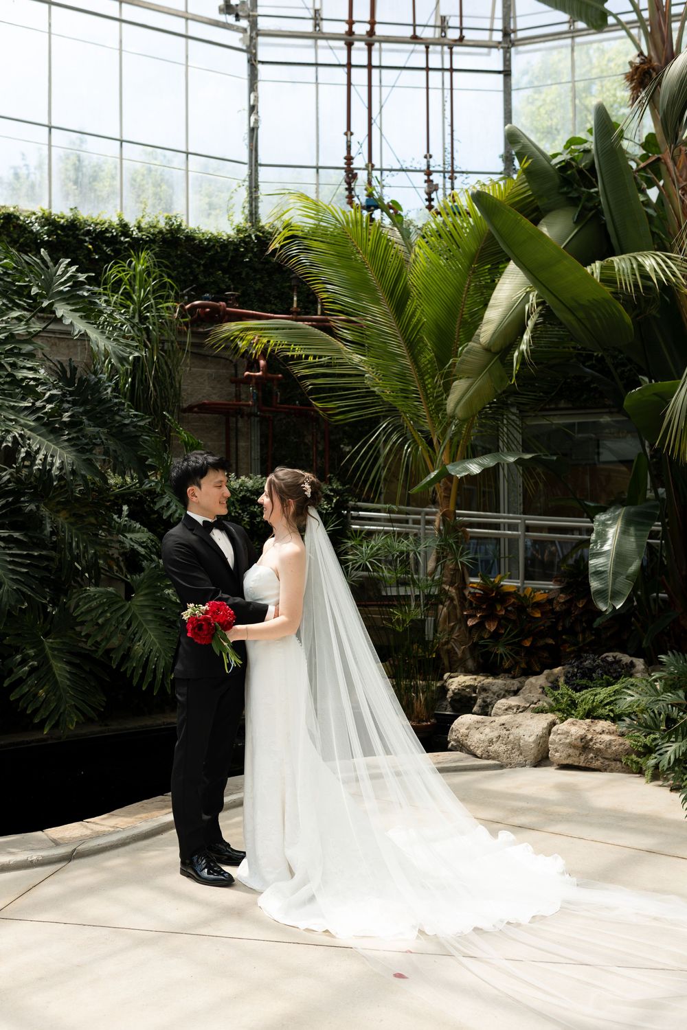 Bride and groom stand together surrounded by greenery in the conservatory at the civic garden complex in london, ontario.
