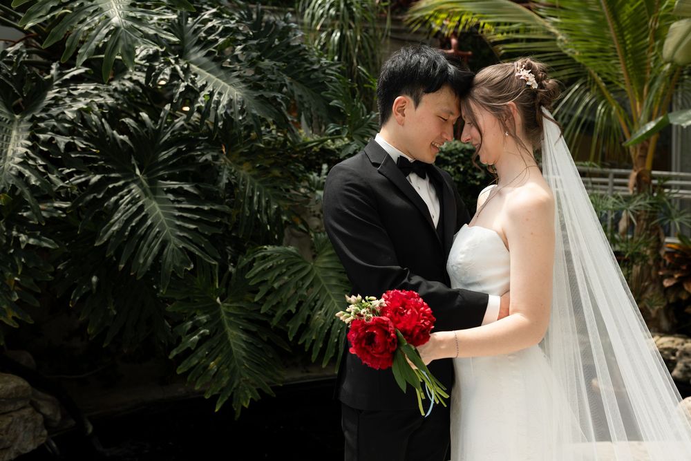 Bride and groom embrace with heads resting together surrounded by greenery in the conservatory at the civic garden complex in lonon, ontario
