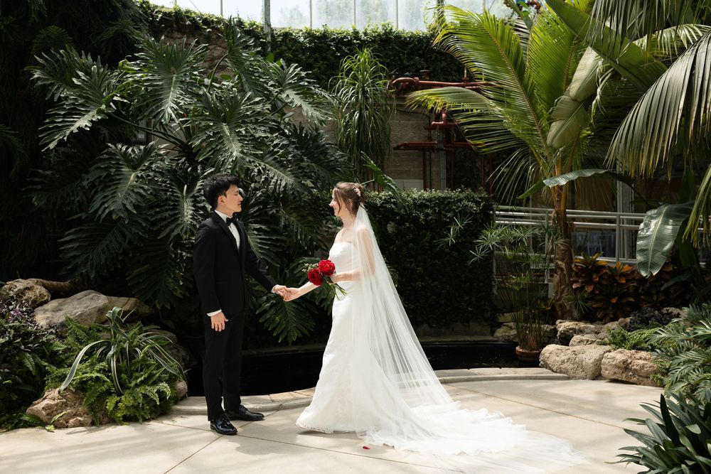 Bride and groom hold hands surrounded by greenery in the conservatory at the civic garden complex in london, ontario.