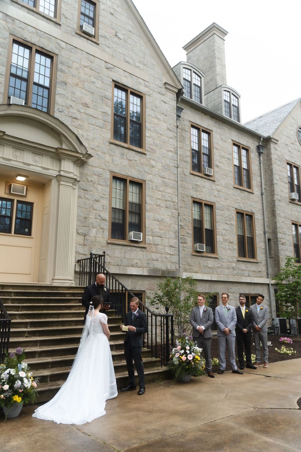 Connecticut College wedding ceremony with bride and groom and bridal party New London venue