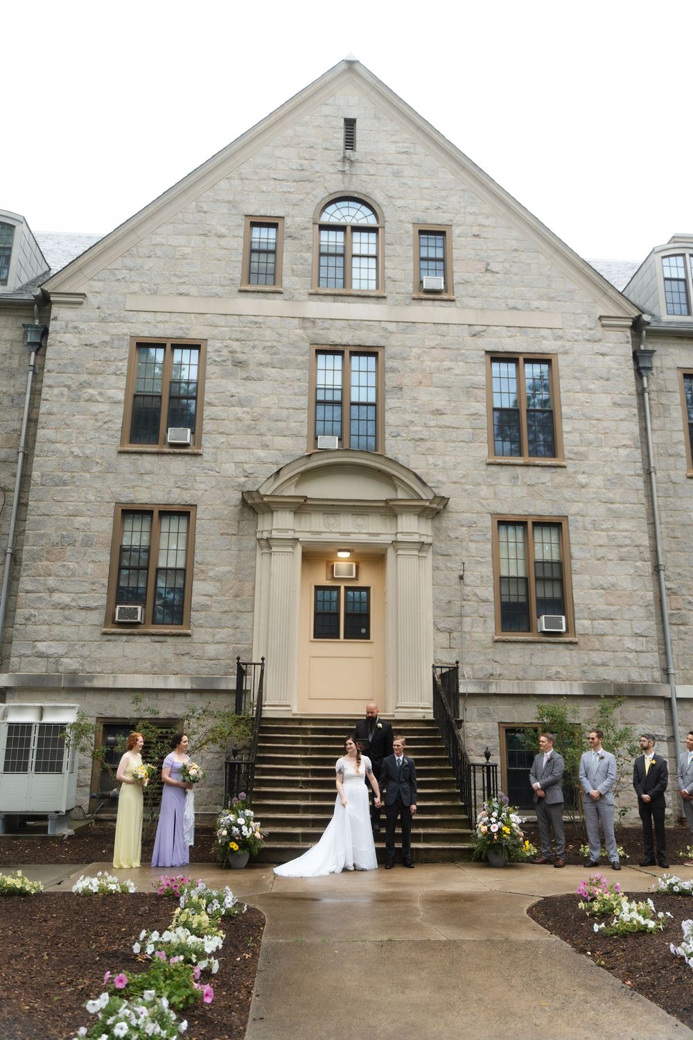 Connecticut College wedding ceremony with bride and groom and bridal party New London venue