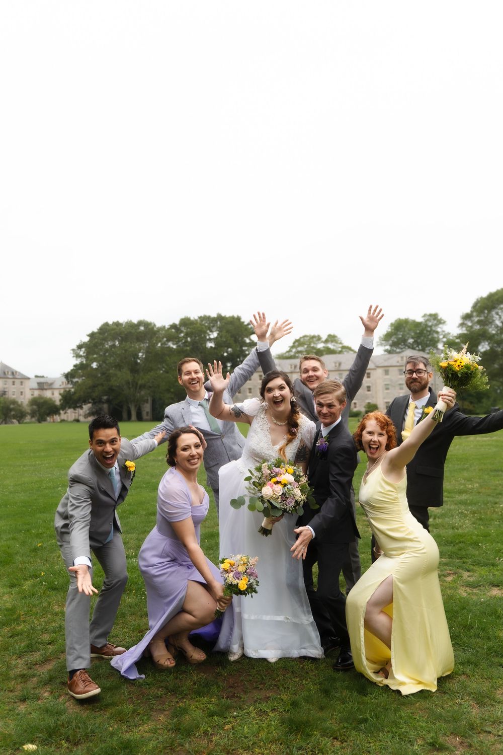 Connecticut College wedding ceremony with bride and groom and bridal party New London venue