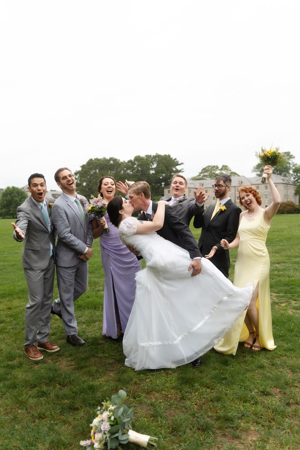 Connecticut College wedding ceremony with bride and groom and bridal party New London venue