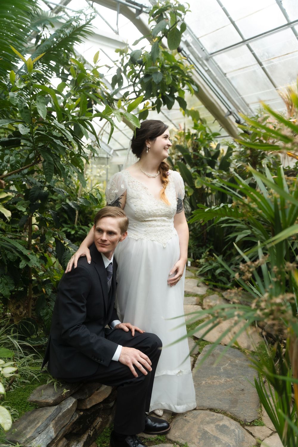 Connecticut College wedding ceremony with bride and groom and bridal party New London venue greenhouse