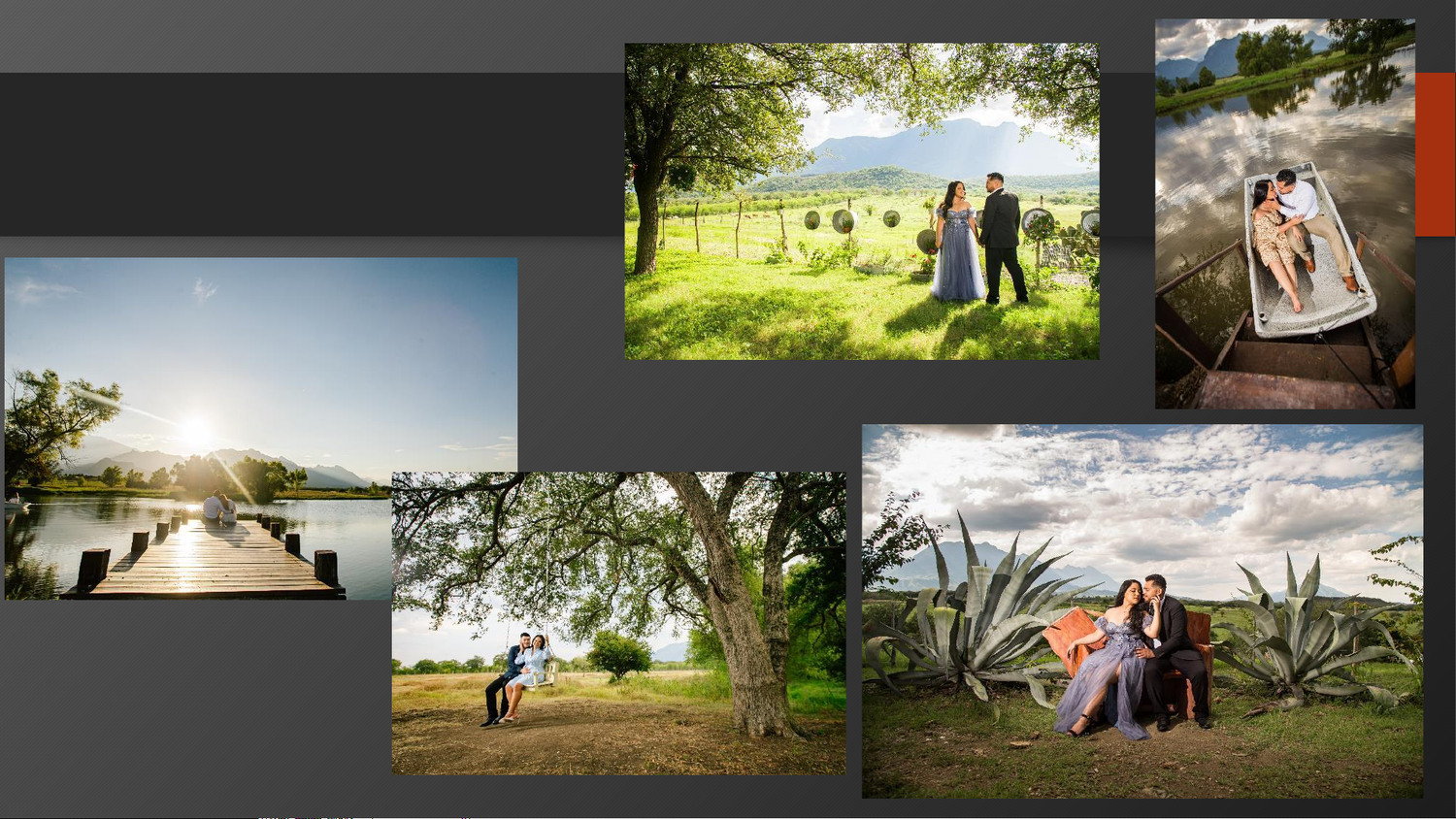 Romantic outdoor pre-wedding photo collage featuring couples in scenic locations with lush greenery, mountains, and dramatic skies.