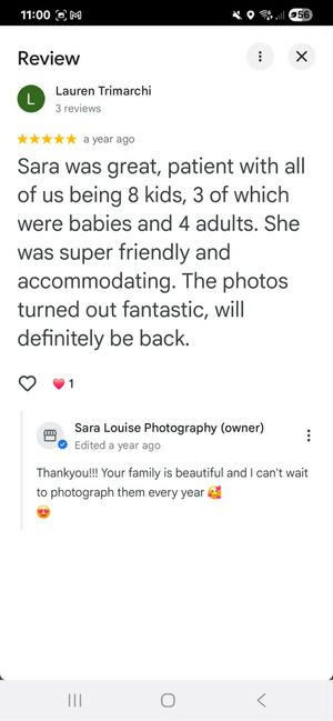 Five-star Google review praising Sara Louise Photography for patience with 8 kids and 3 babies, with owner response.