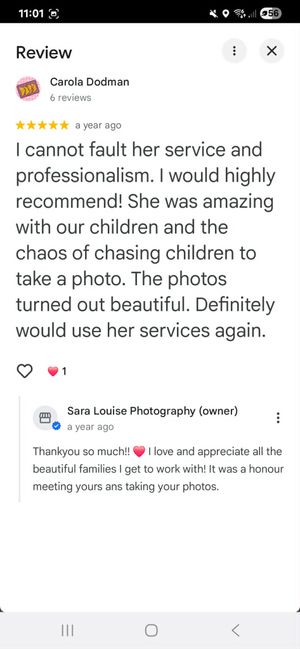 Five-star Google review for Sara Louise Photography praising professionalism and skill photographing children, with owner response.