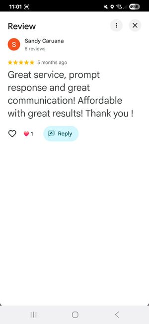 Five-star Google review praising great service, prompt response, affordable pricing, and excellent communication from a satisfied customer.